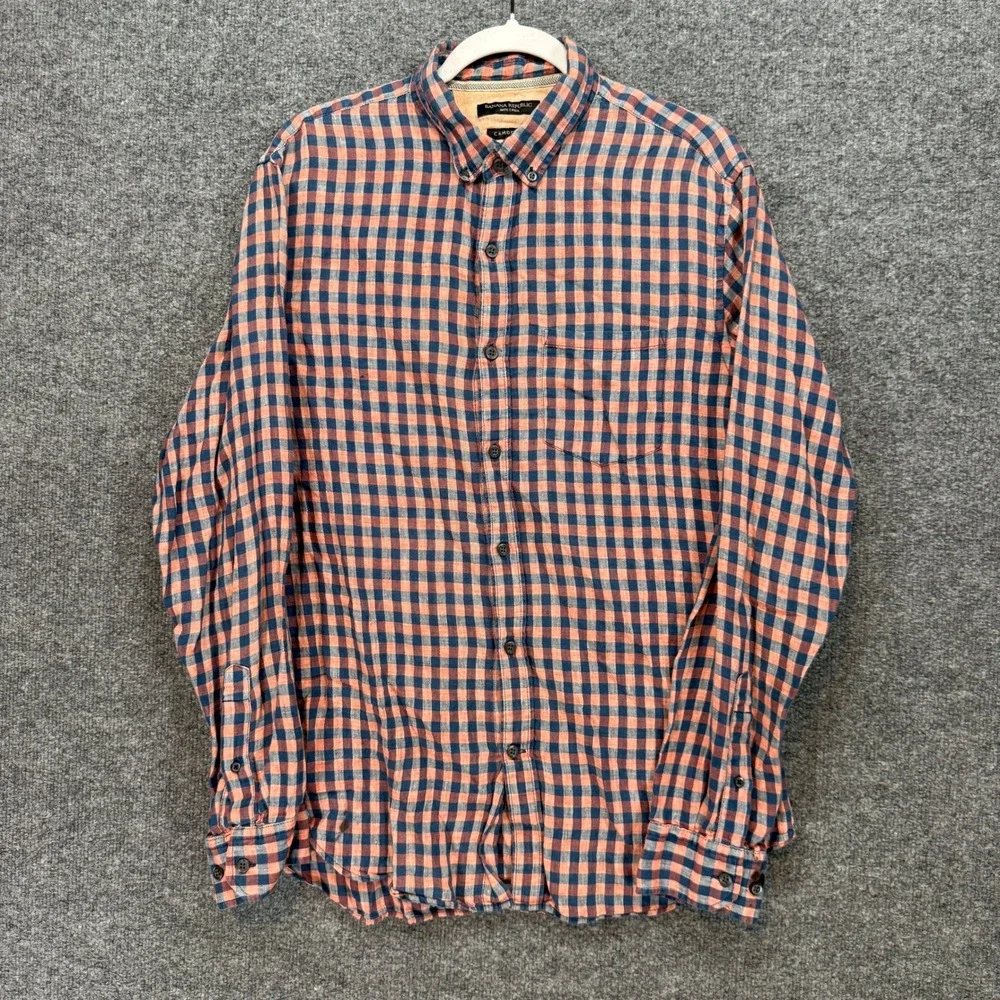 Banana Republic Camden Fit Shirt Mens Large Orange Gingham 100% Linen Button Up